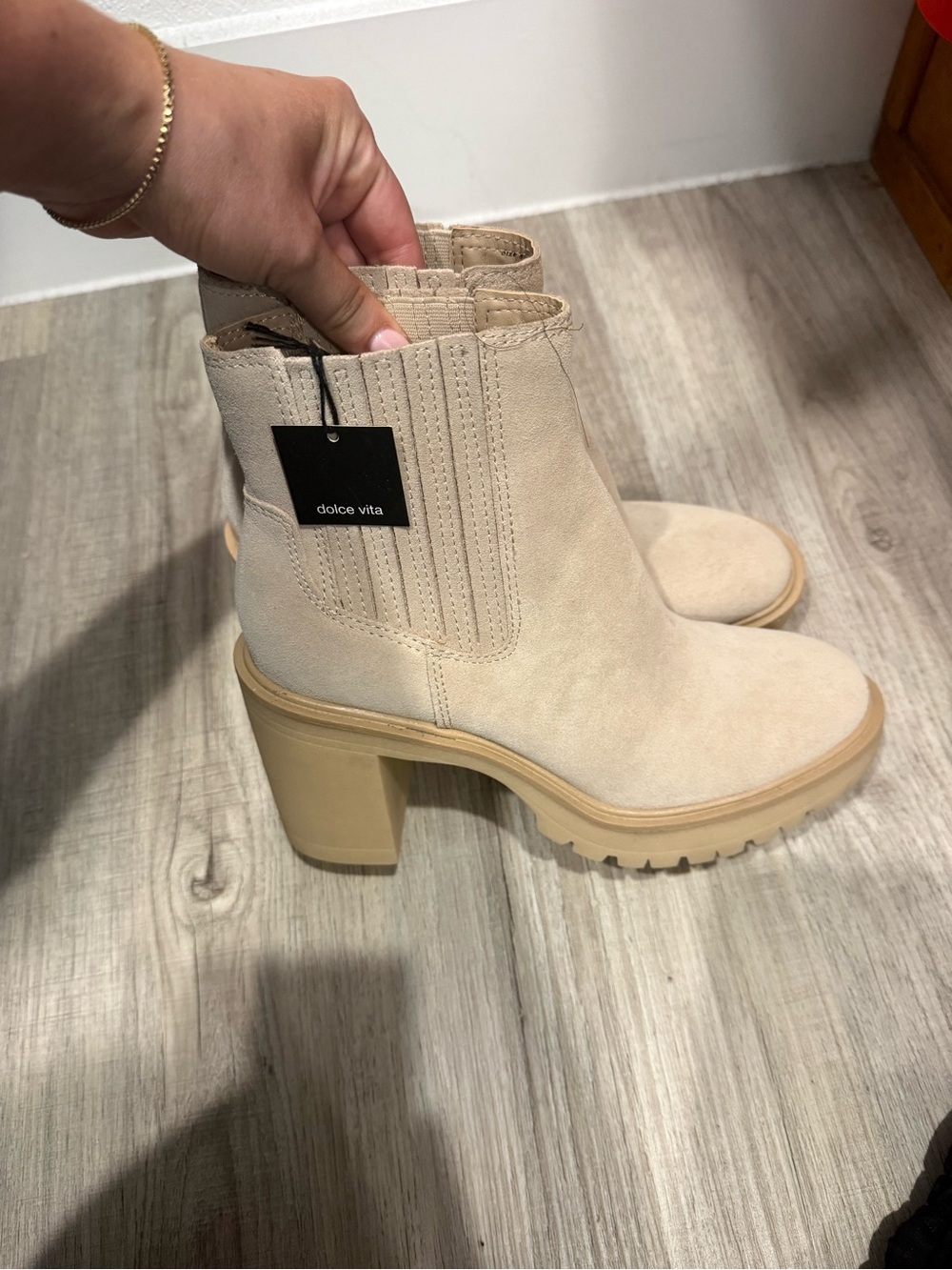 Dolce Vita Cream Suede Lug-Heel Ankle Boots